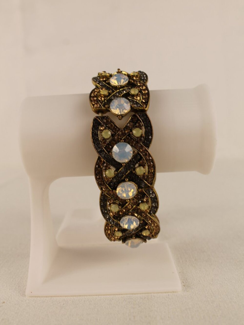 Vintage White Opal Topaz Crystal Stretch Bracelet Antiqued Brass Wide Statement